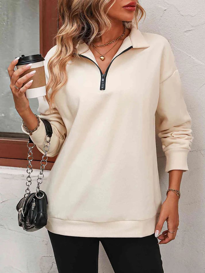 Harlow Quarter-Zip Sweatshirt – Collared Drop Shoulder Pullover Light Apricot