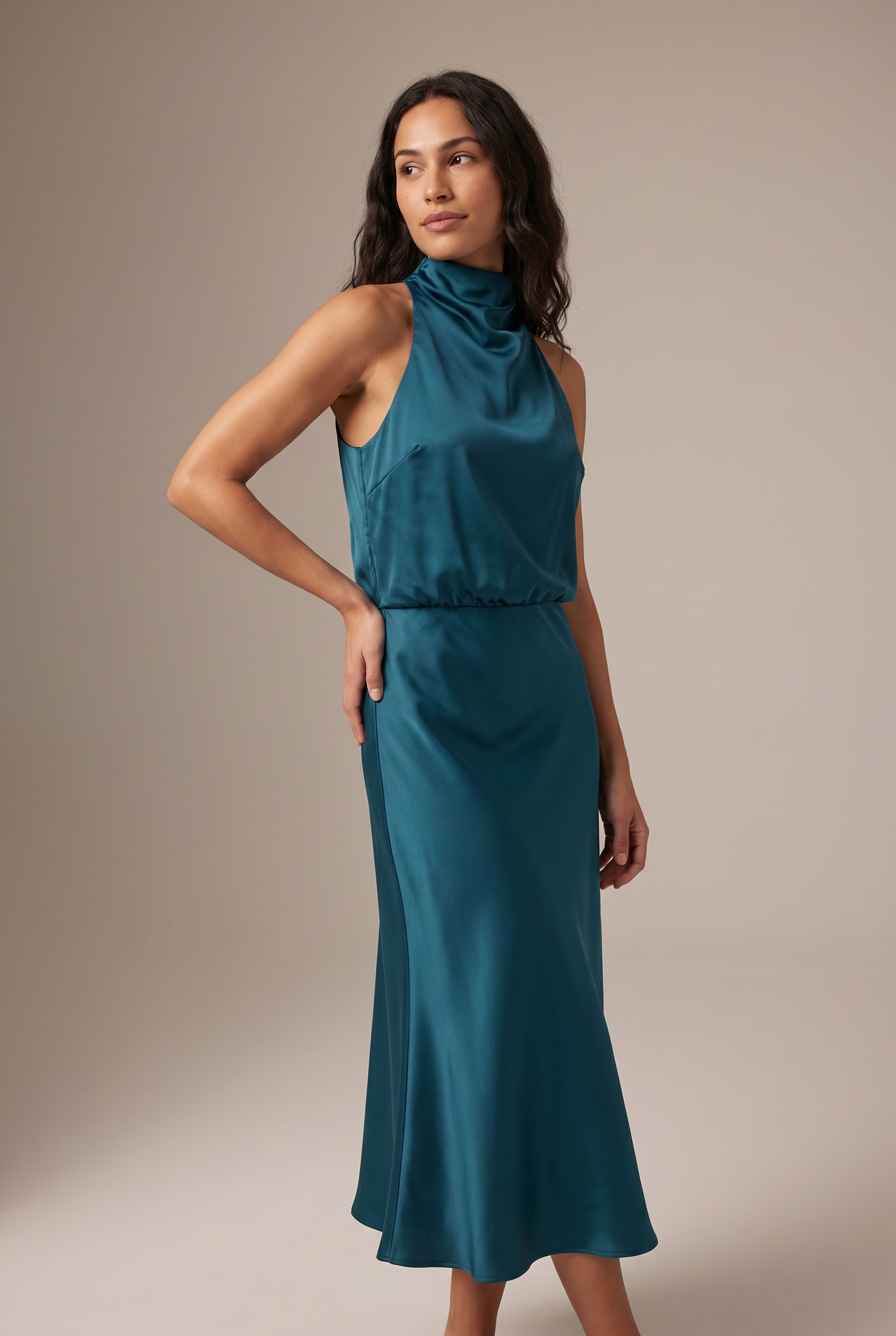 Dorvelli Women's High-Neck Draped Midi Dress in Teal – front