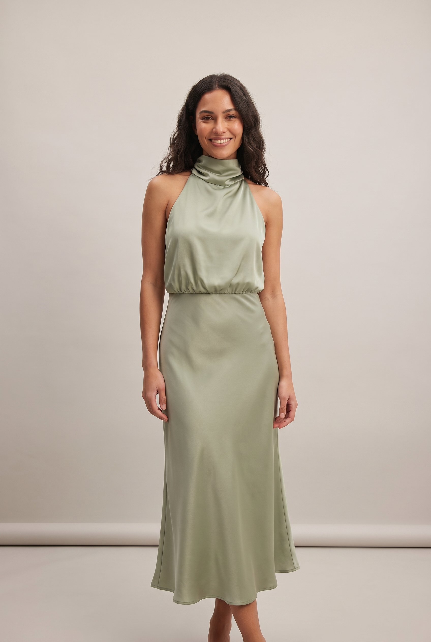 Dorvelli Women's High-Neck Draped Midi Dress in Sage Green – front
