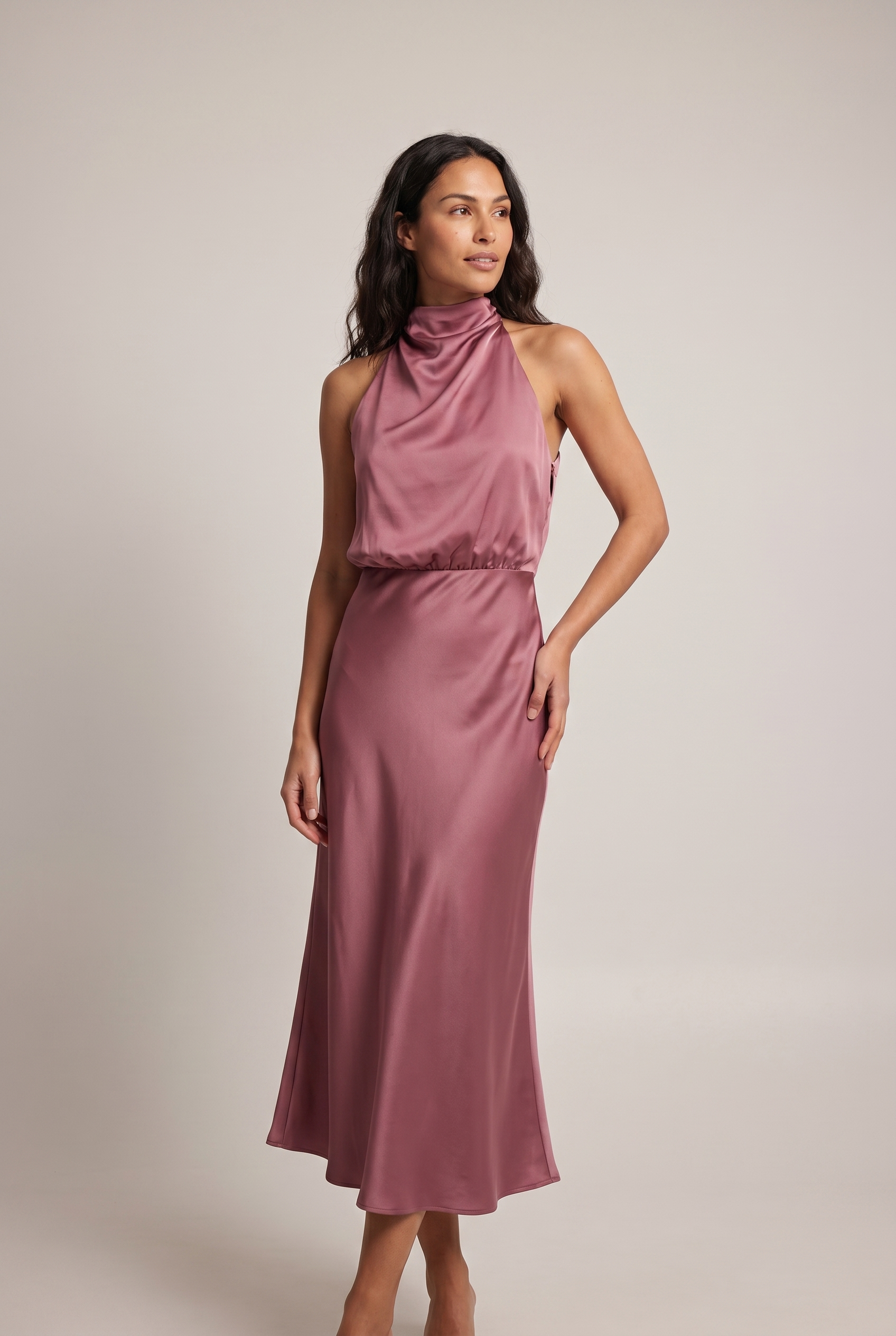 Dorvelli Women's High-Neck Draped Midi Dress in Mauve – front