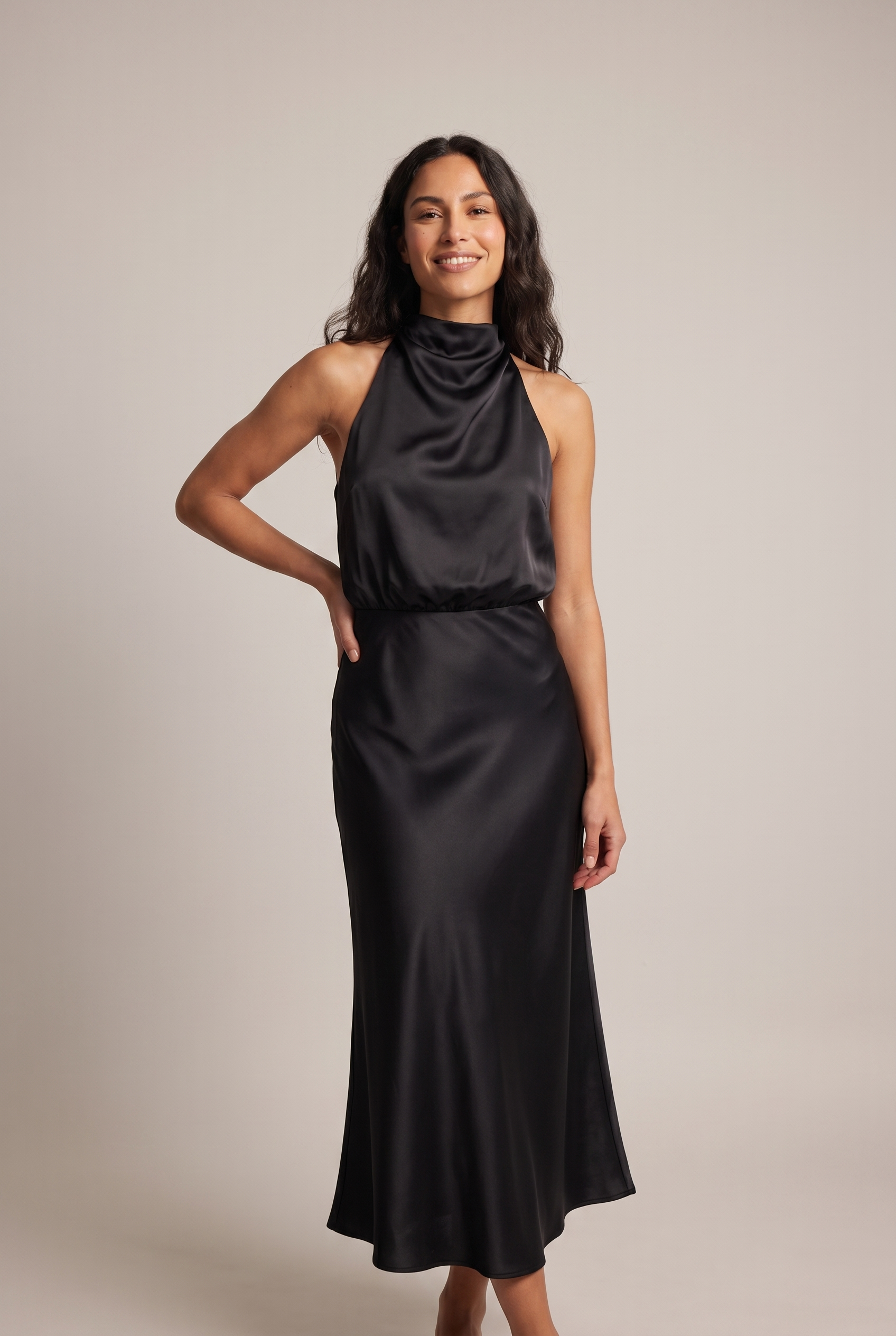 Dorvelli Women's High-Neck Draped Midi Dress in Black – front
