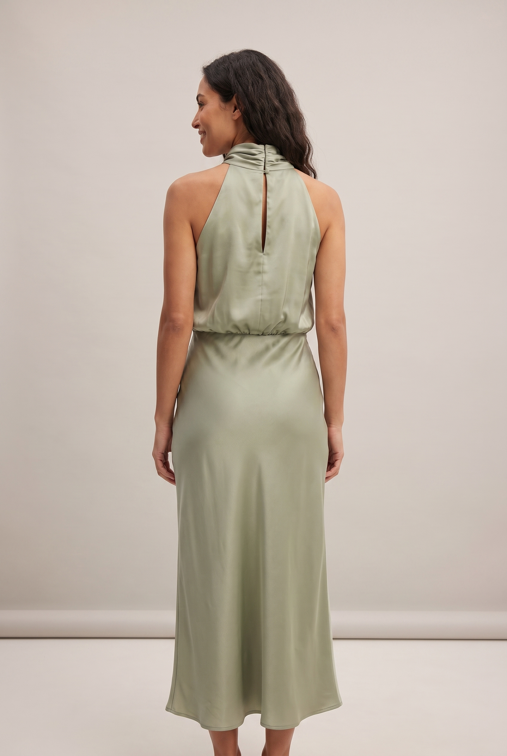Dorvelli Women's High-Neck Draped Midi Dress – keyhole back detail