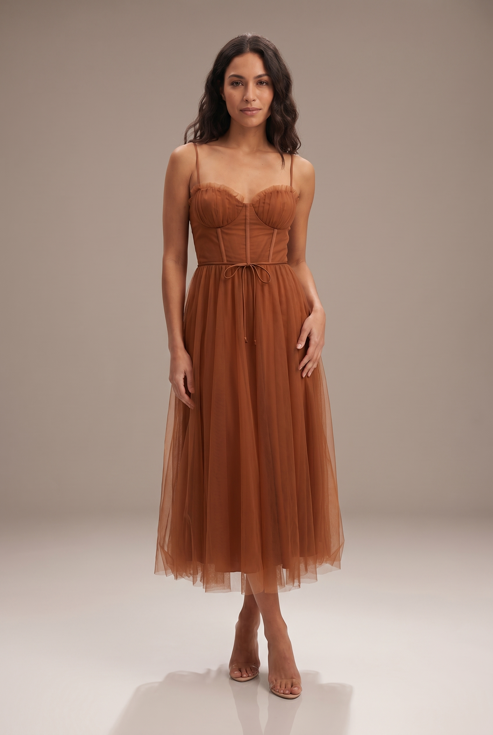 Dorvelli Corset Midi Dress in Rust Brown