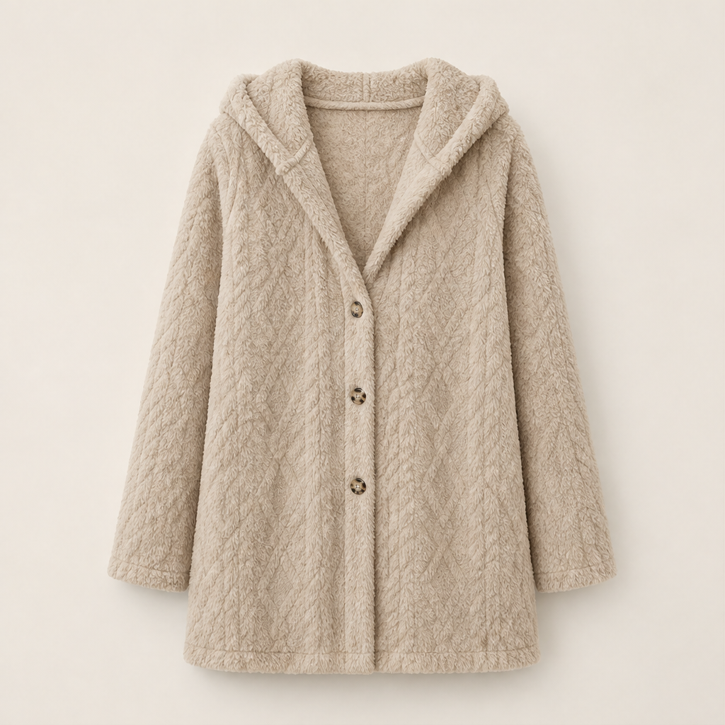 Dorvelli | Highland Hooded Longline Jacket – Embossed Texture Button Front – Beige