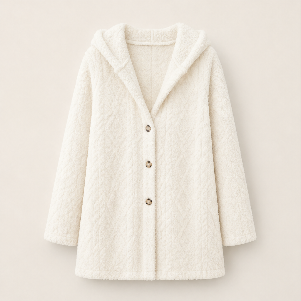 Dorvelli | Highland Hooded Longline Jacket – Embossed Texture Button Front – Ivory