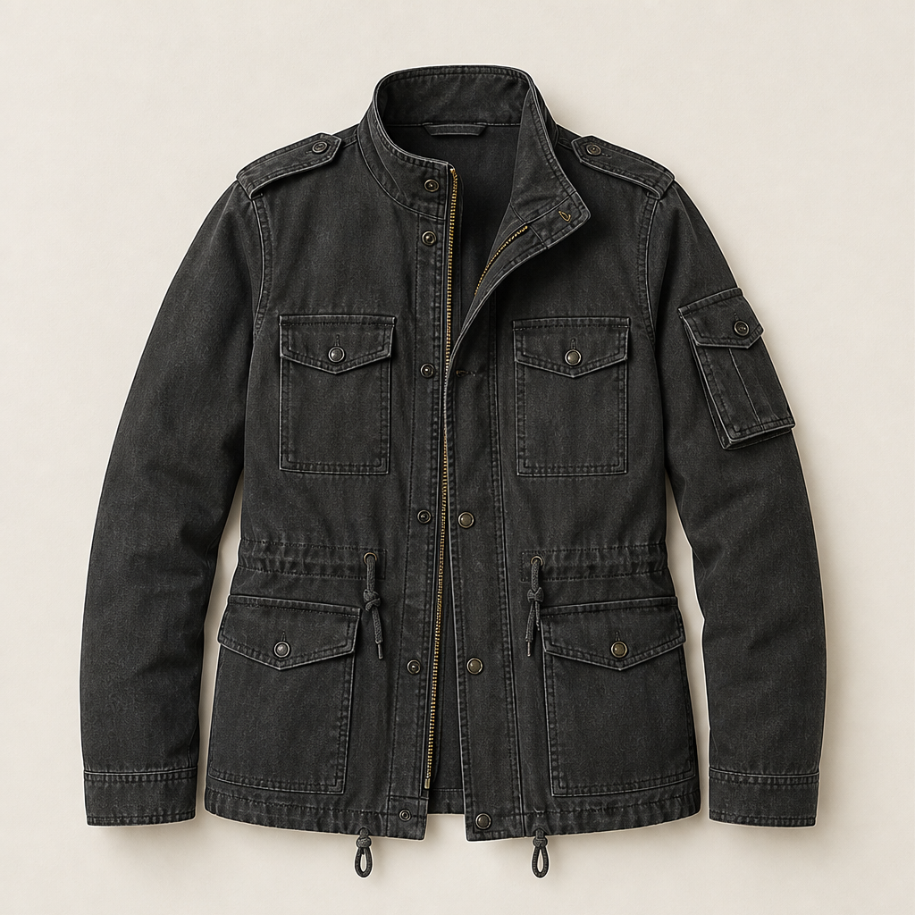 Holloway Field Jacket – Multi-Pocket Utility Zip Stand Collar – Black