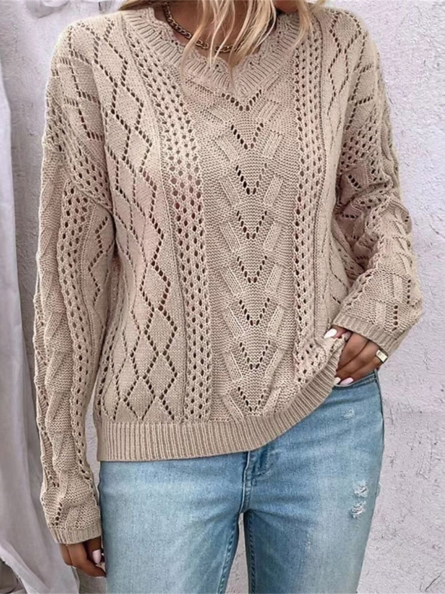 Honora Knit Cable V-Neck Jumper – Regular Fit Long Sleeves Open Knit | Dorvelli