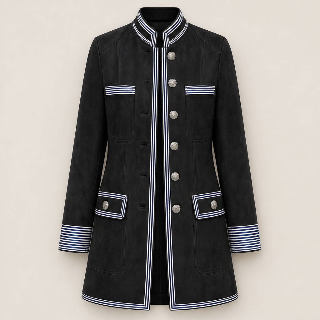 Valcourt Military Coat – Striped Trim Stand Collar Longline