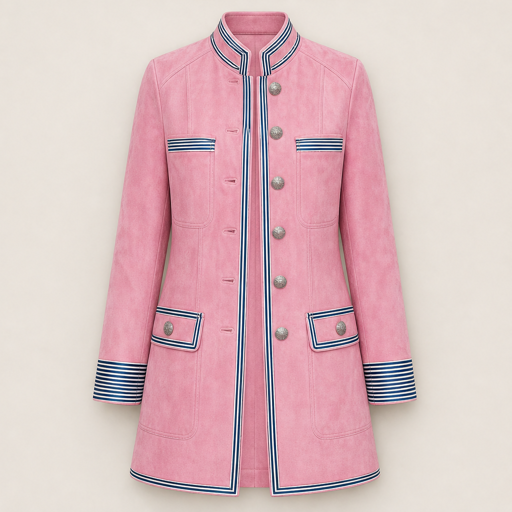 Valcourt Military Coat – Striped Trim Stand Collar Longline