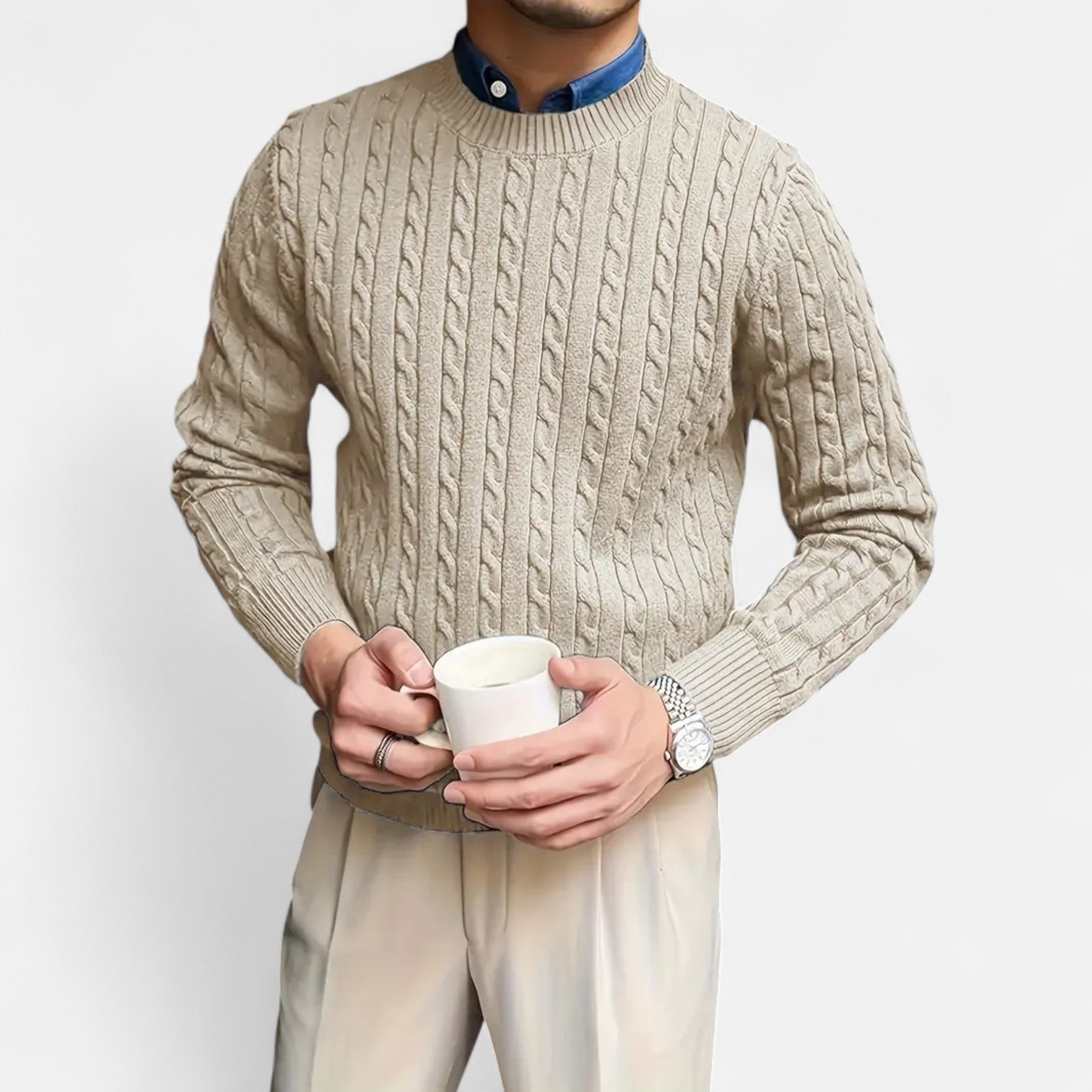 Dorvelli | Men’s Round Neck Twisted Rope Knit Sweater – Classic Cable Jumper