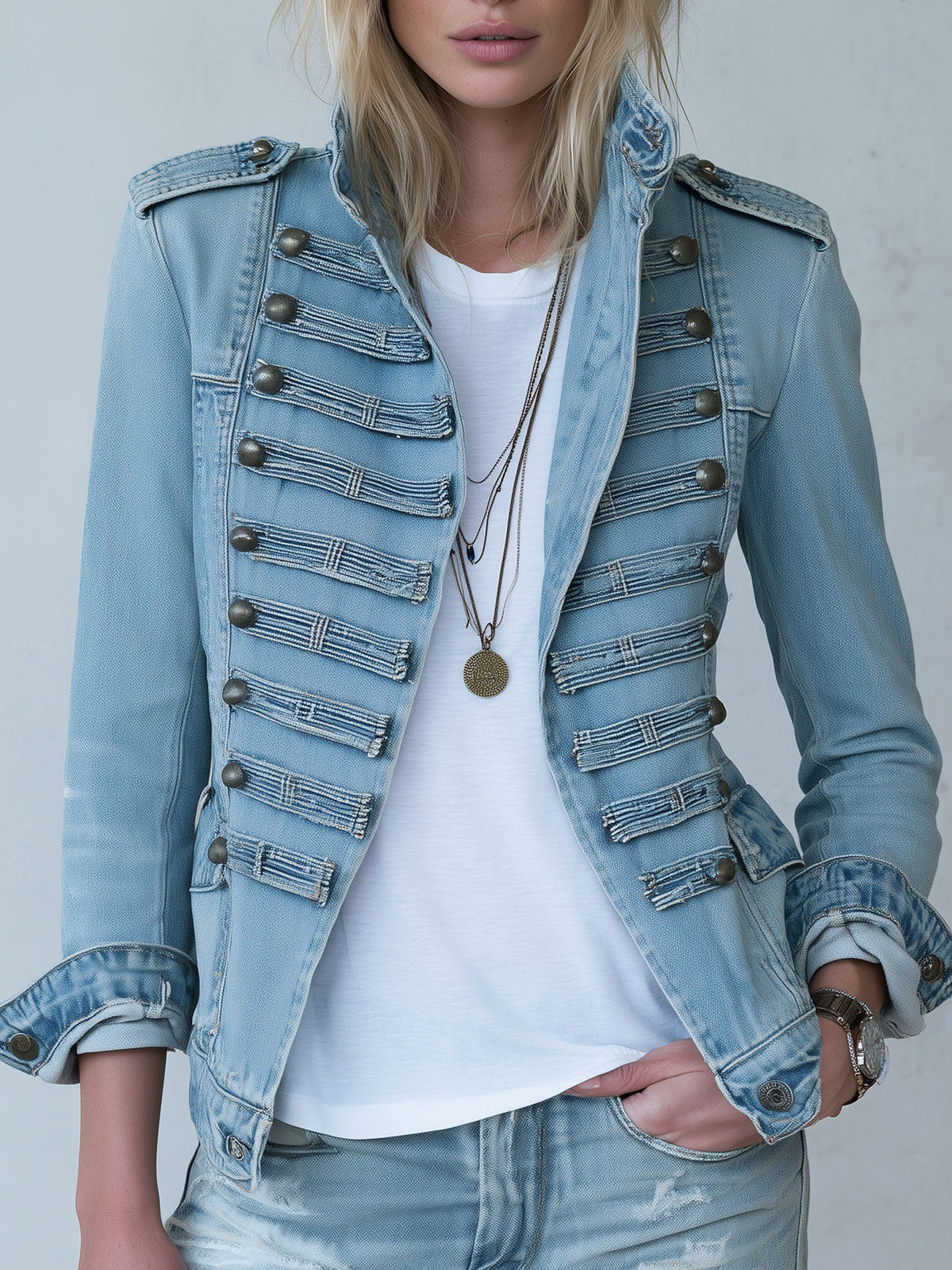 Imogen Military Jacket – Stand Collar Button Front Epaulettes Vintage Wash – Blue