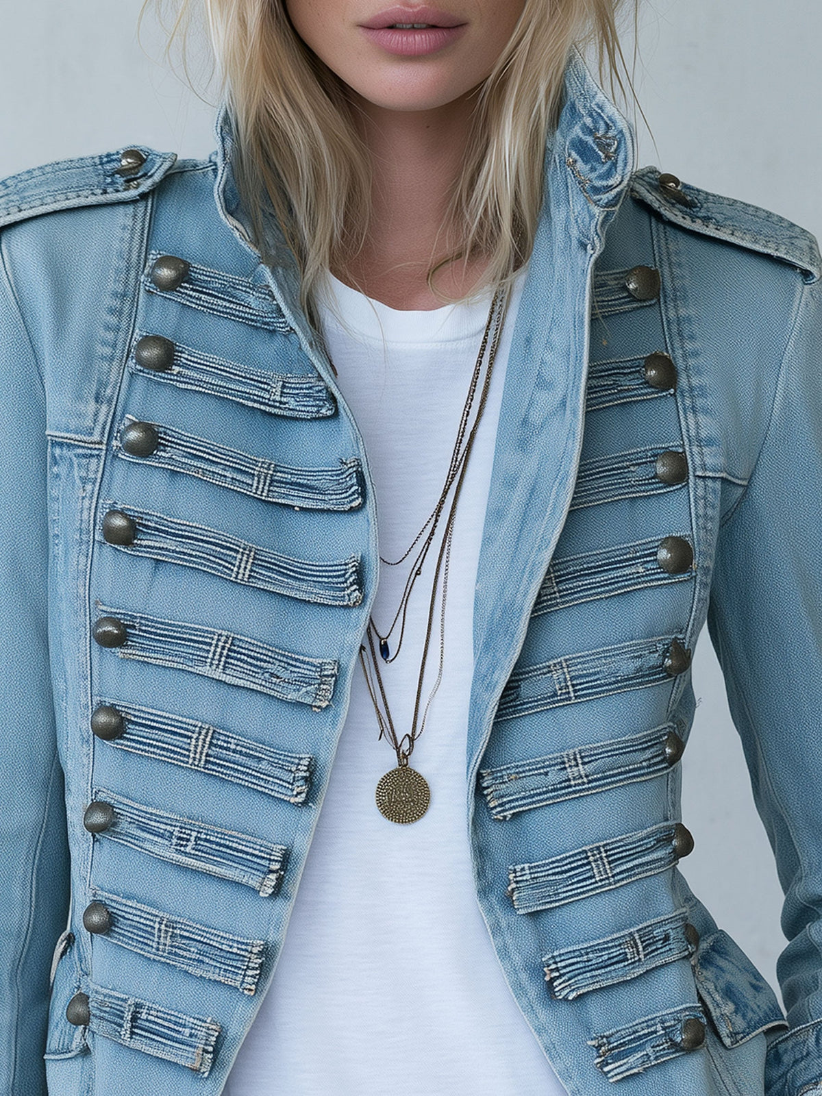 Imogen Military Jacket – Stand Collar Button Front Epaulettes Vintage Wash – Blue