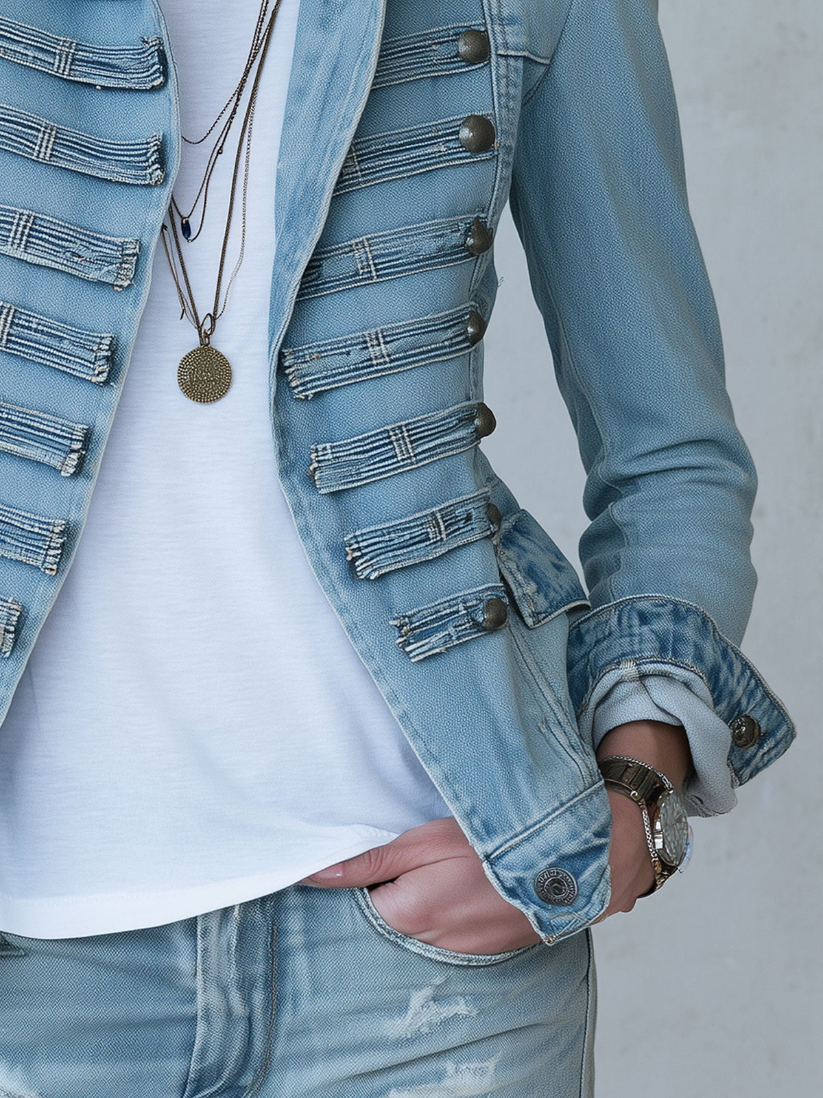 Imogen Military Jacket – Stand Collar Button Front Epaulettes Vintage Wash – Blue