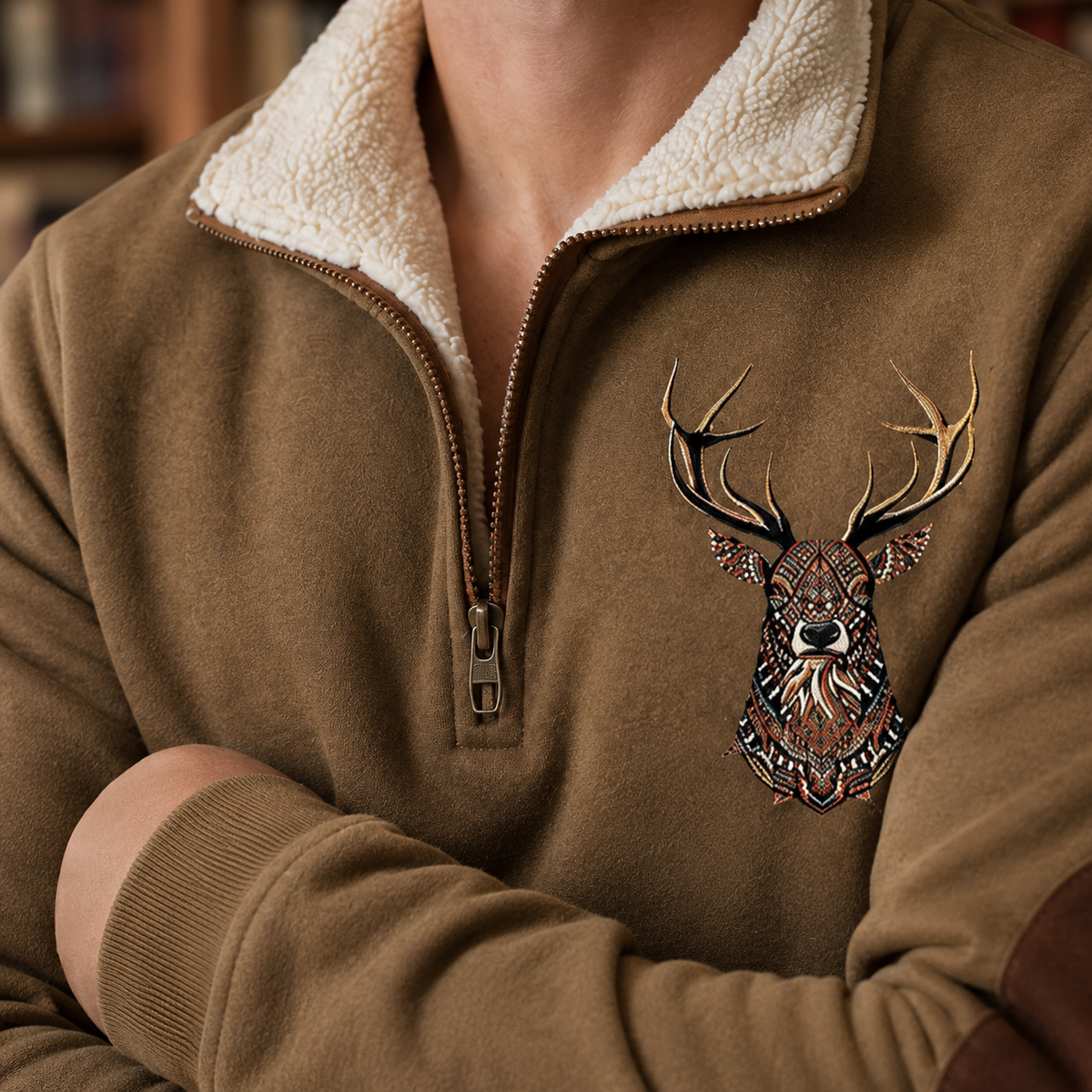 Dorvelli | Men's Quarter Zip Jumper – Stag Motif Knit