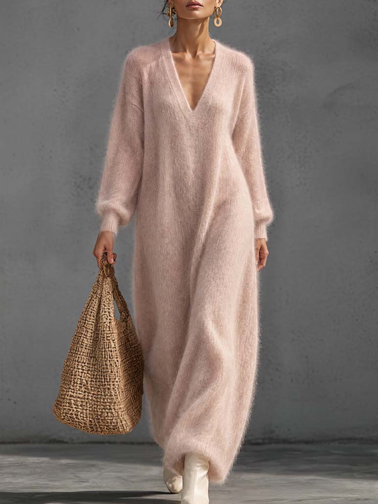 Ines Knit Maxi Jumper Dress – Plunge V-Neck Balloon Sleeve - Blush Pink