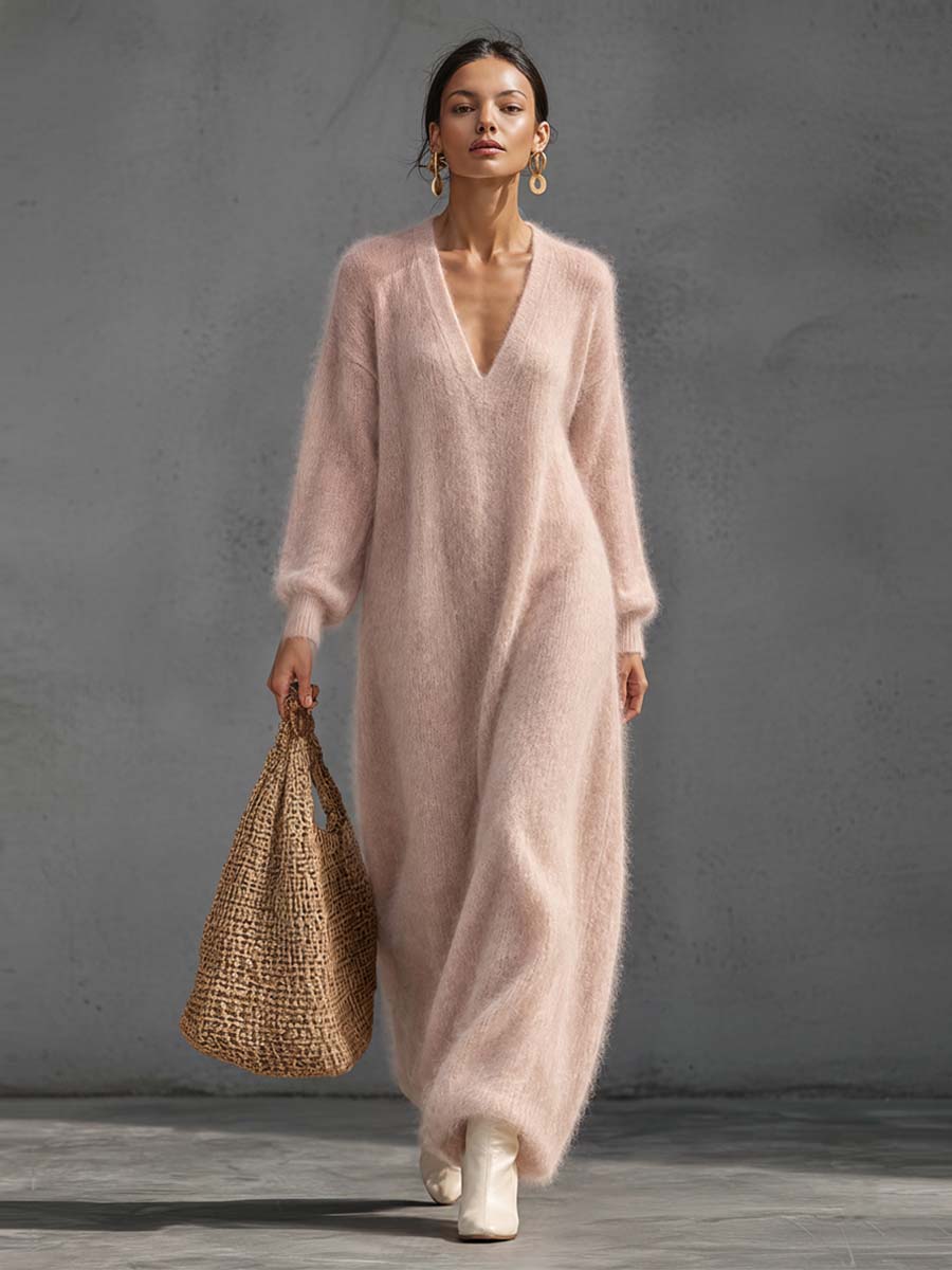 Ines Knit Maxi Jumper Dress – Plunge V-Neck Balloon Sleeve - Blush Pink