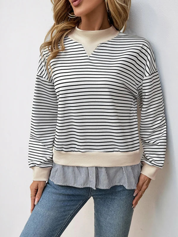 Iona Striped Mock Neck Faux-Layered Hem Jumper – Regular Fit Knit Pullover | Dorvelli
