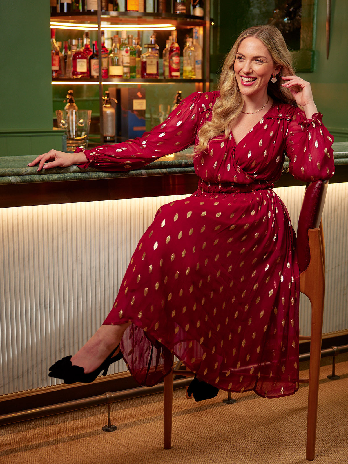 Isadora Wrap Front Jacquard Midi Dress Burgundy