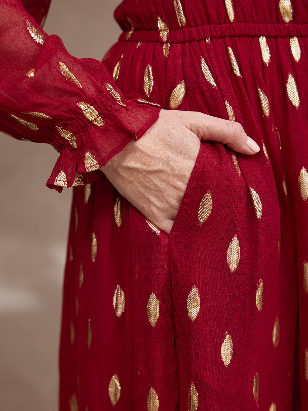 Isadora Wrap Front Jacquard Midi Dress Burgundy