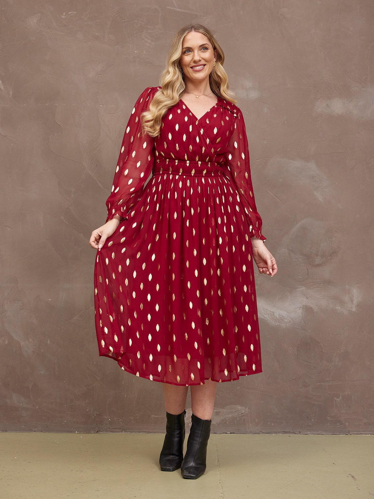 Isadora Wrap Front Jacquard Midi Dress Burgundy