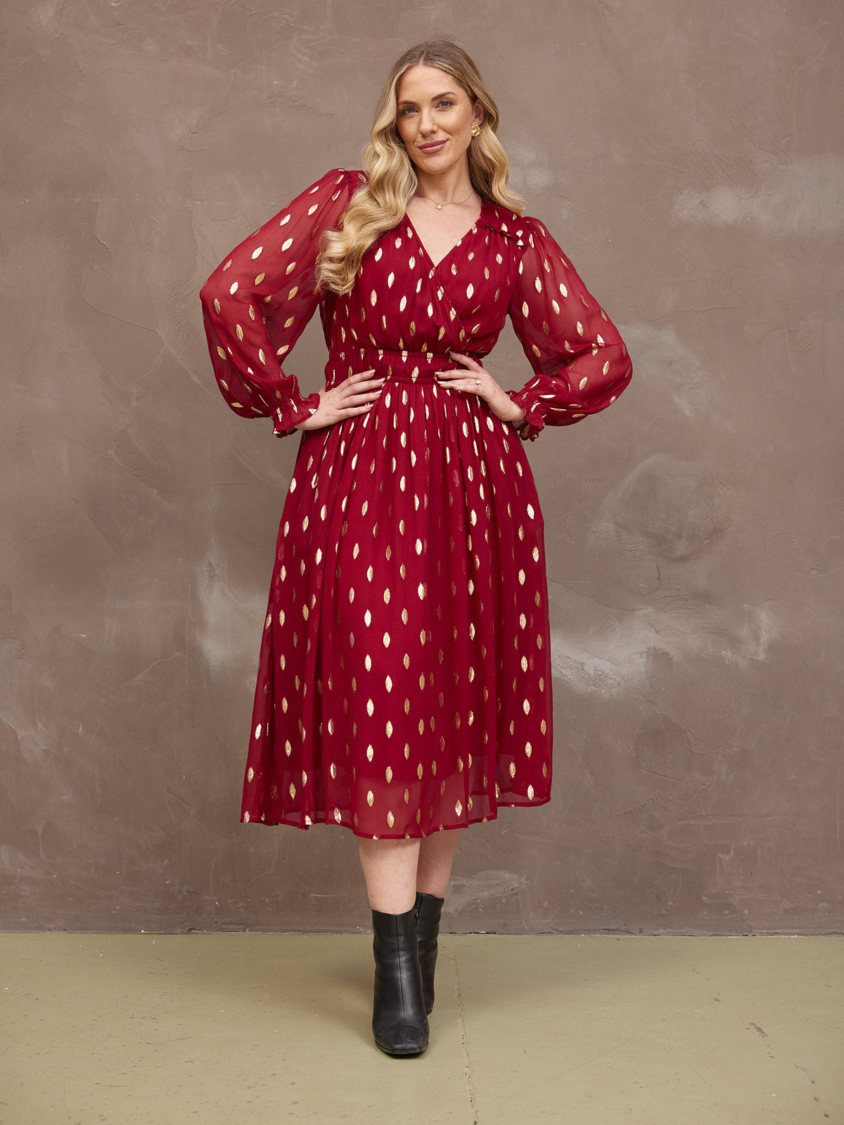 Isadora Wrap Front Jacquard Midi Dress Burgundy