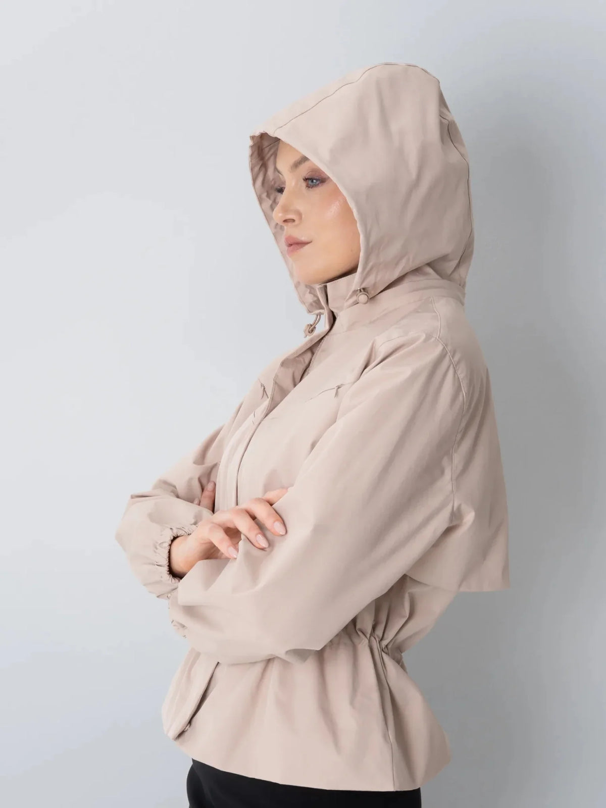 Isaure Drawstring Waist Hooded Rain Jacket – Pale Beige