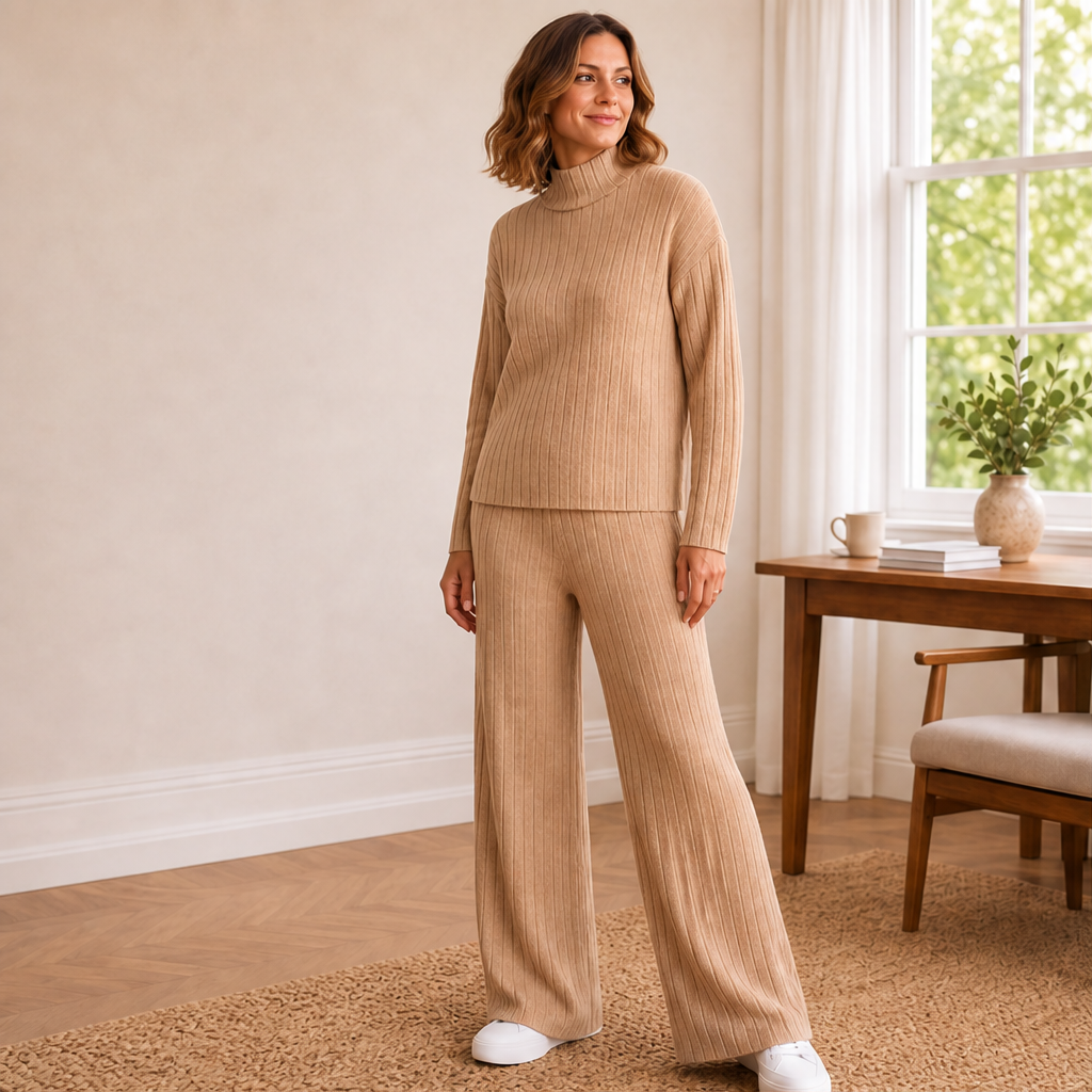 Isolde Ribbed Knit Lounge Set – Mock Neck Jumper and Wide-Leg Trousers