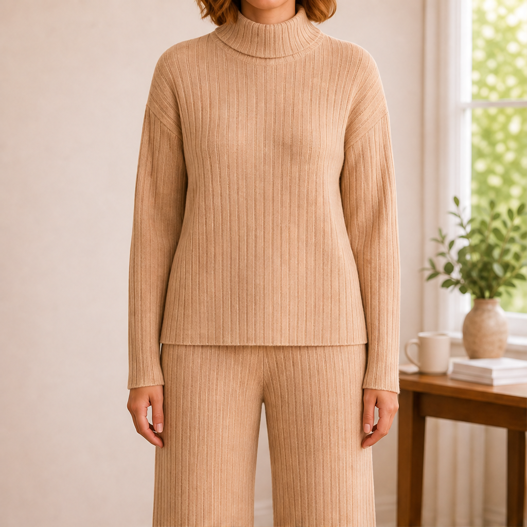Isolde Ribbed Knit Lounge Set – Mock Neck Jumper and Wide-Leg Trousers – Camel