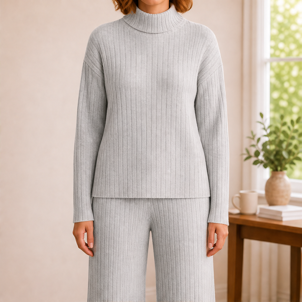 Isolde Ribbed Knit Lounge Set – Mock Neck Jumper and Wide-Leg Trousers – Grey