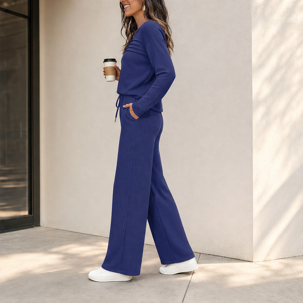 Juliette Drawstring Lounge Set – Crew Neck Top and High-Waist Wide-Leg Trousers