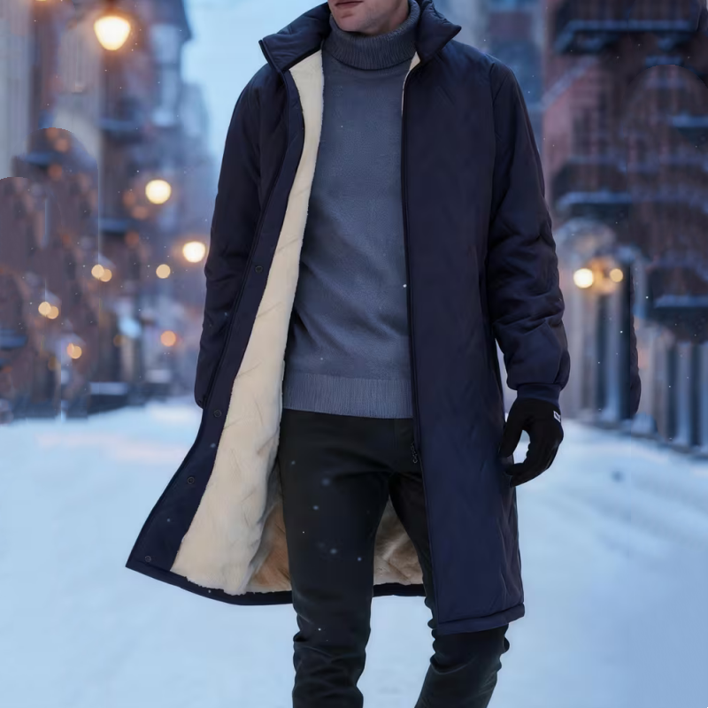 Lennart Stand Collar Padded Coat – Plush Lined Mid-Length Zip Pockets