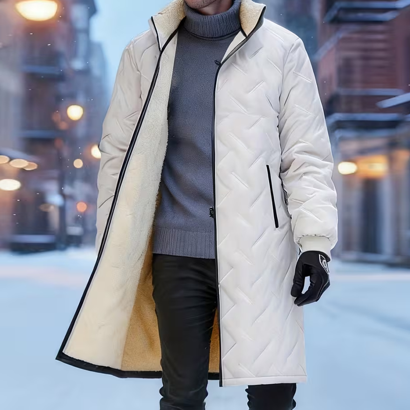 Lennart Stand Collar Padded Coat – Plush Lined Mid-Length Zip Pockets