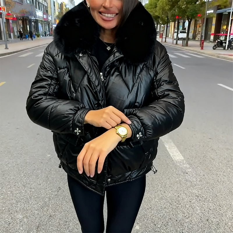 Liesel Plush Collar Quilted Puffer Jacket – Relaxed Fit Zip Front Long Sleeve