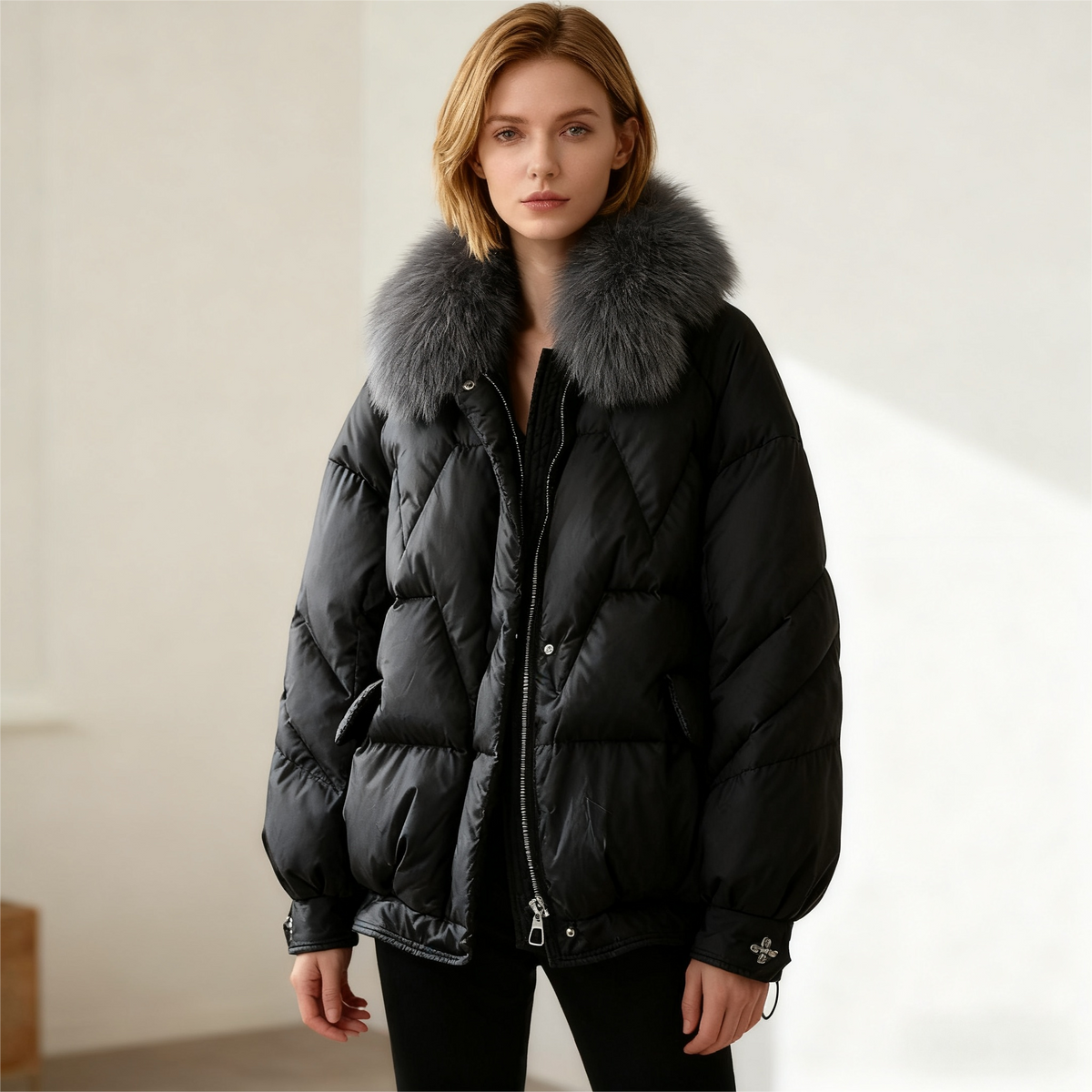 Liesel Plush Collar Quilted Puffer Jacket – Relaxed Fit Zip Front Long Sleeve