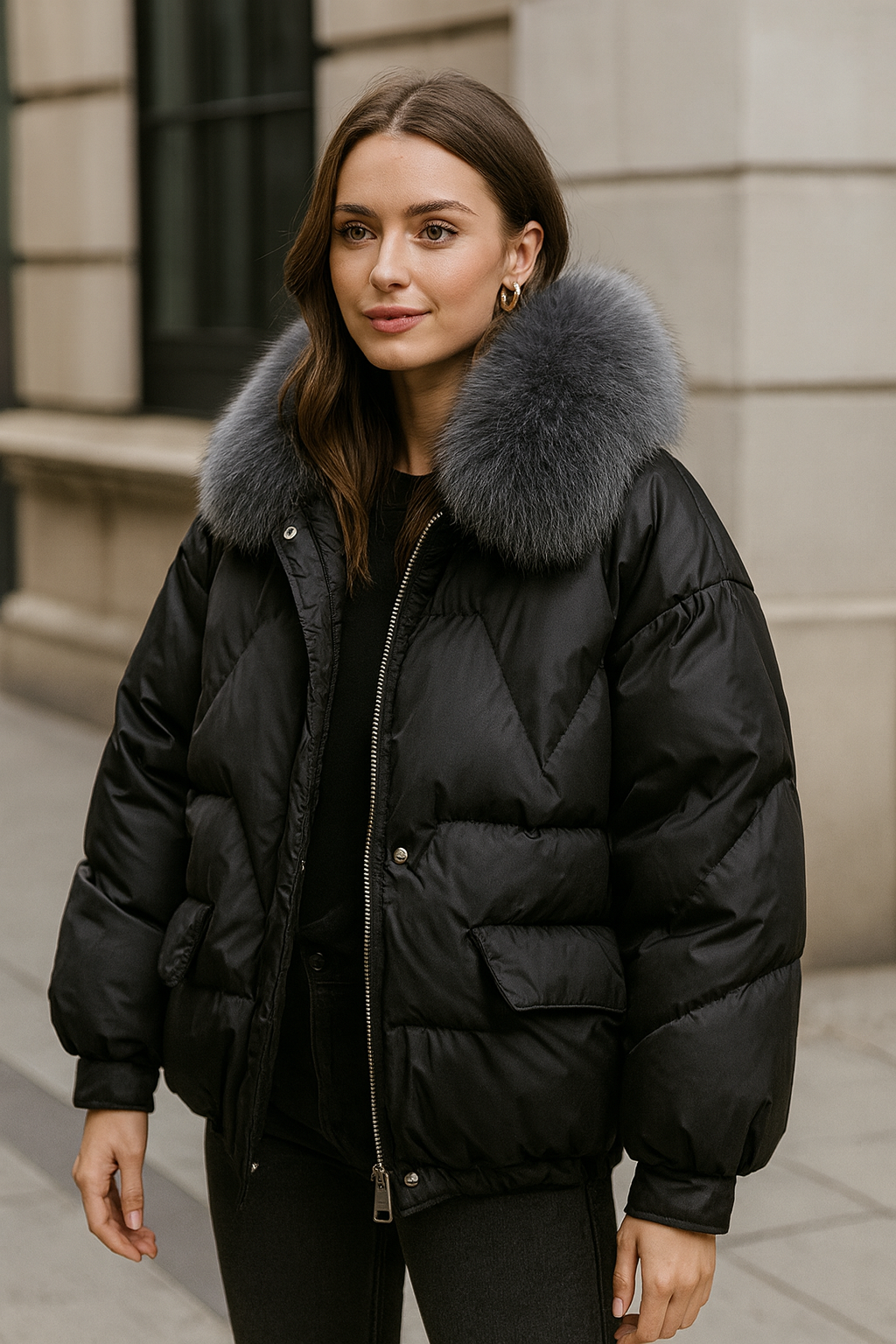 Liesel Plush Collar Quilted Puffer Jacket – Relaxed Fit Zip Front Long Sleeve