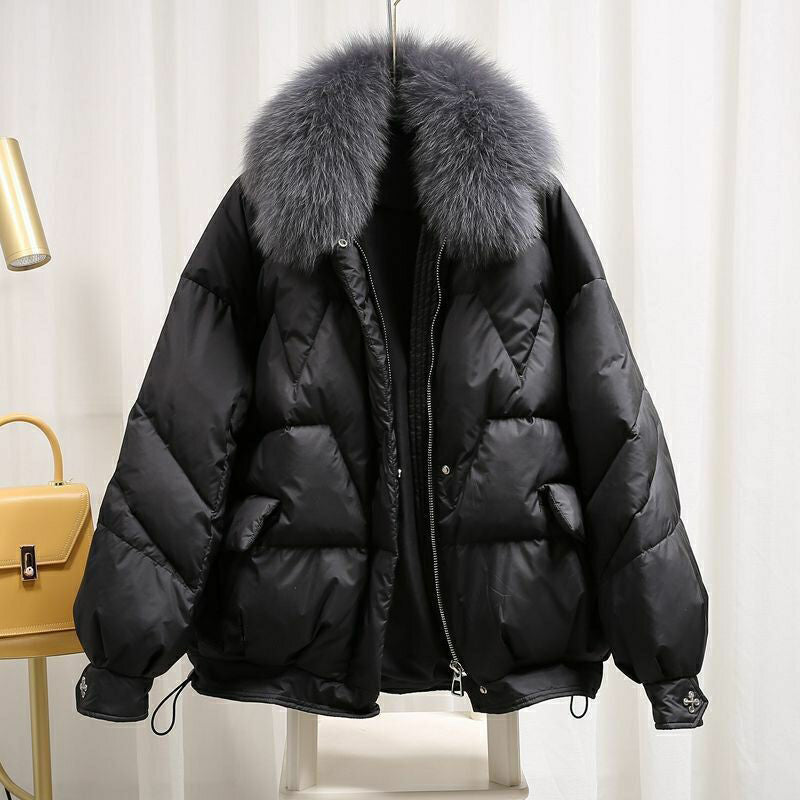 Liesel Plush Collar Quilted Puffer Jacket – Relaxed Fit Zip Front Long Sleeve – Black Grey Collar