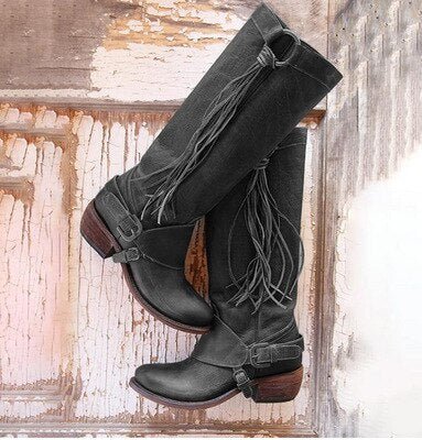 Dorvelli | Women’s Knee-High Boots – Western Fringe Detail