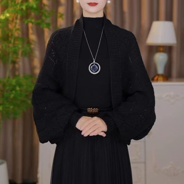 Liora Open-Front Shrug Cardigan – Pointelle Knit Batwing Sleeve Black