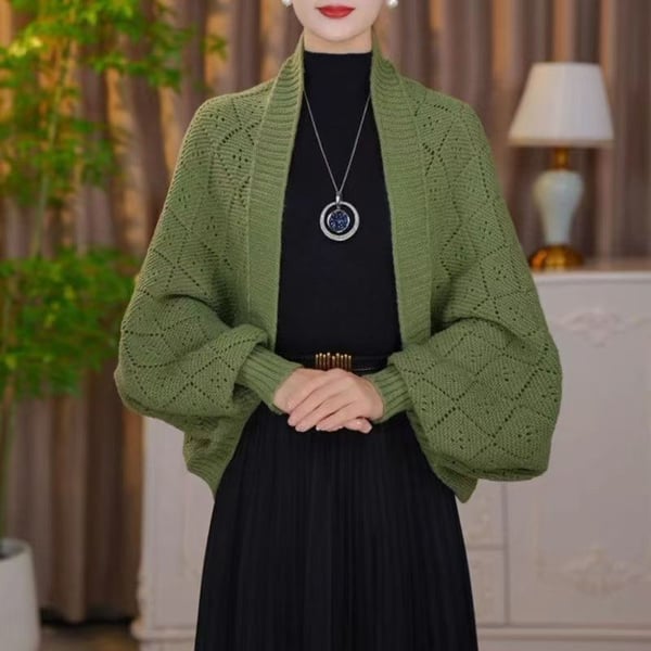 Liora Open-Front Shrug Cardigan – Pointelle Knit Batwing Sleeve Green