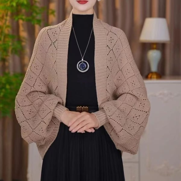 Liora Open-Front Shrug Cardigan – Pointelle Knit Batwing Sleeve Khaki