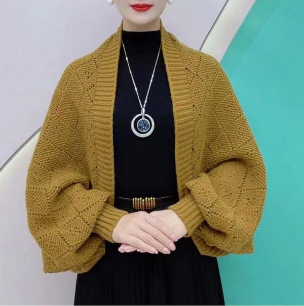 Liora Open-Front Shrug Cardigan – Pointelle Knit Batwing Sleeve Mustard