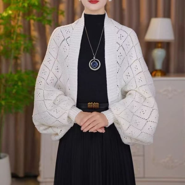 Liora Open-Front Shrug Cardigan – Pointelle Knit Batwing Sleeve White