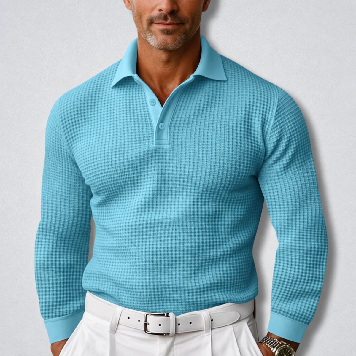 Lorcan Waffle Knit Polo Shirt – Men's Long Sleeve Textured Collared Top
