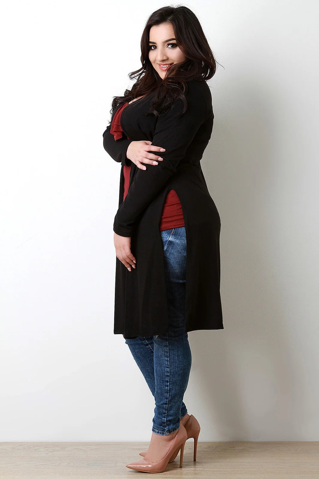 Lorelei Knit Side Slit Longline Cardigan – Open Front Long Sleeves Regular Fit | Dorvelli