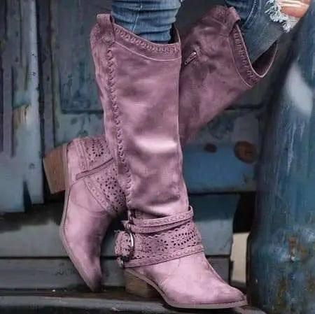 Dorvelli | Women’s Slouch Boots – Block Heel Buckle Knee-High