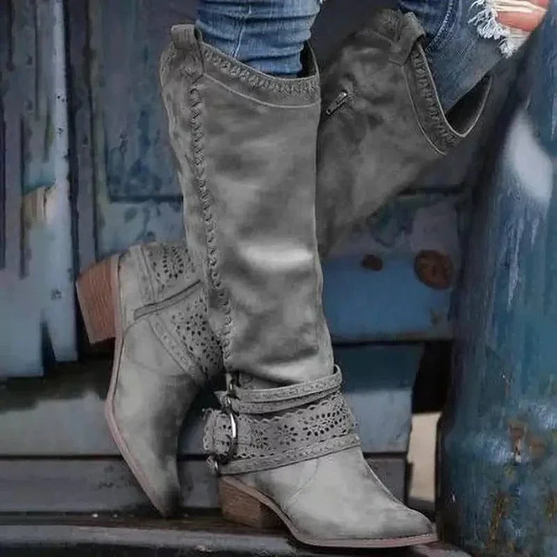 Dorvelli | Women’s Slouch Boots – Block Heel Buckle Knee-High