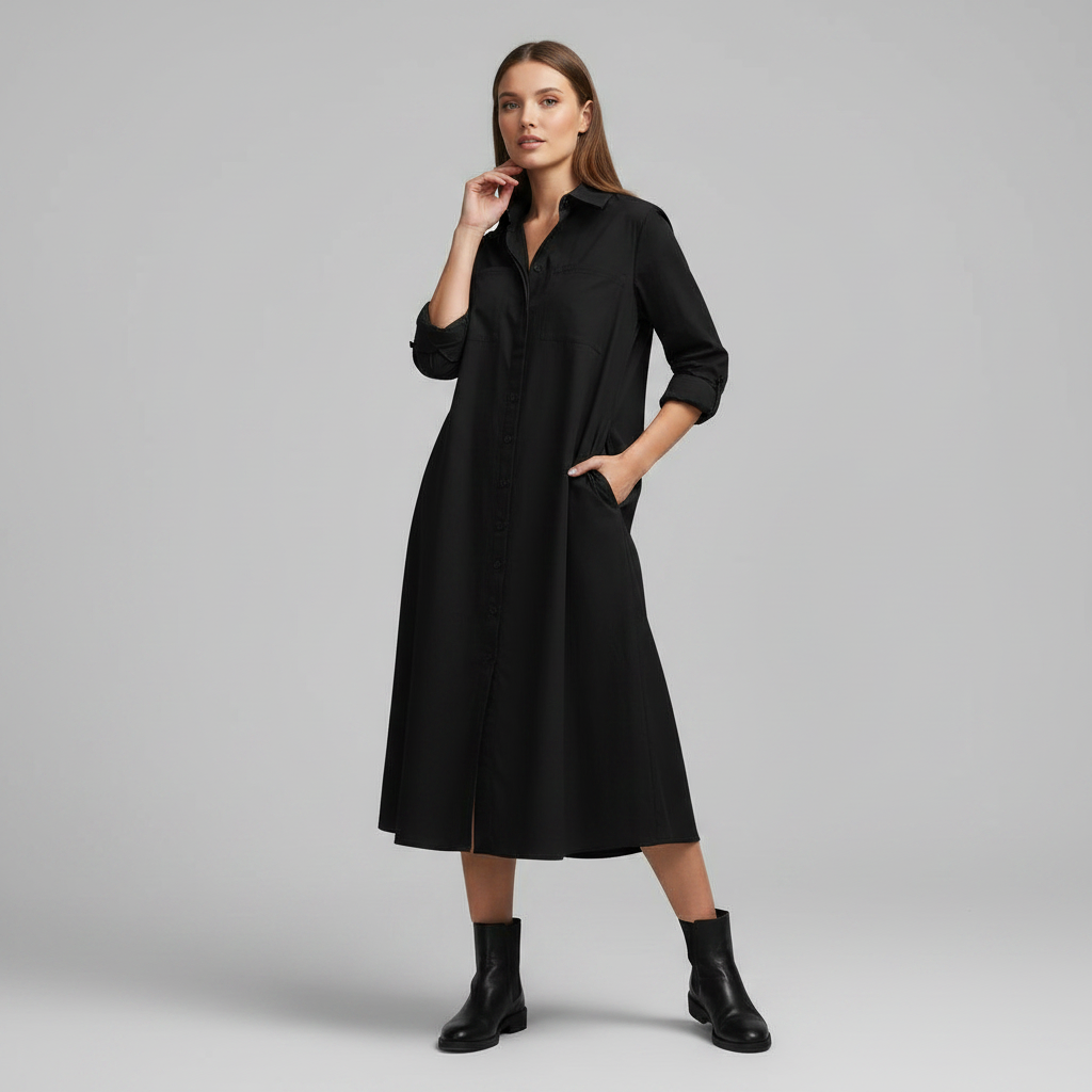 Lucette Shirt Dress – Collared Button-Front A-Line Side Pockets