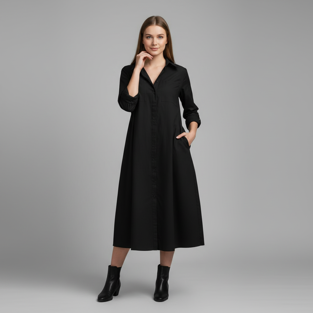 Lucette Shirt Dress – Collared Button-Front A-Line Side Pockets