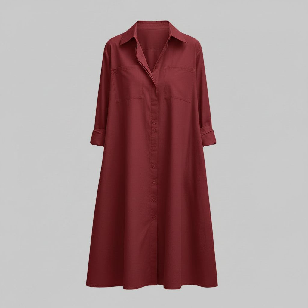 Lucette Shirt Dress – Collared Button-Front A-Line Side Pockets – Red
