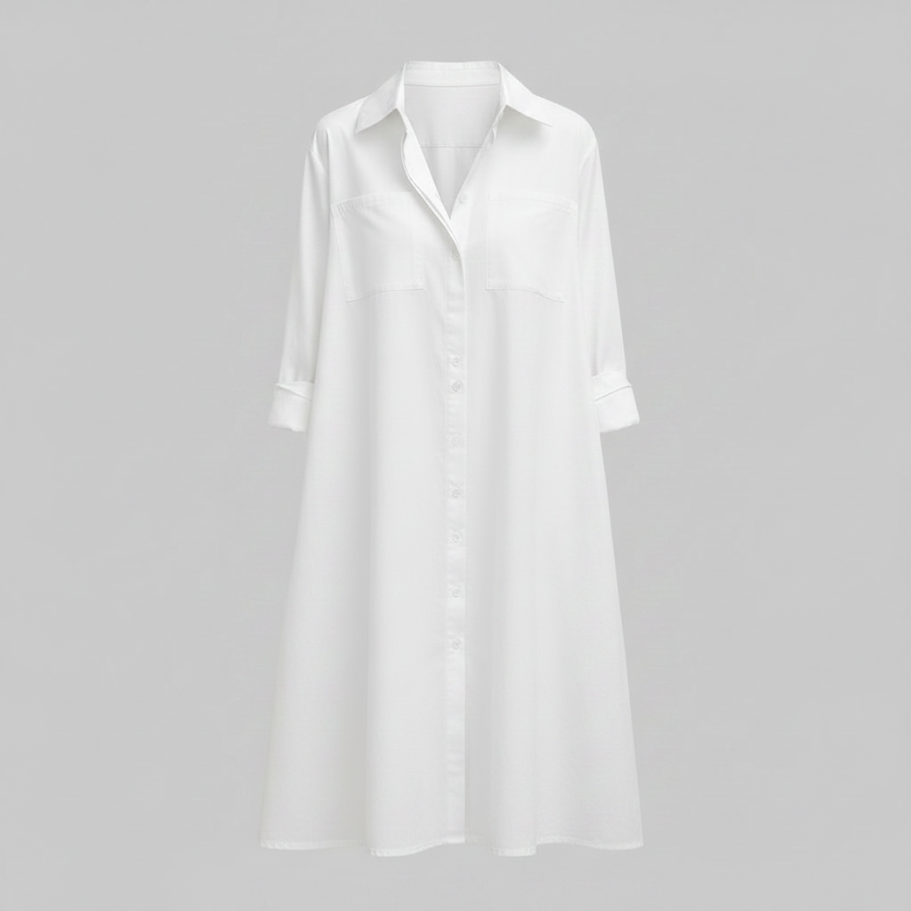 Lucette Shirt Dress – Collared Button-Front A-Line Side Pockets – White